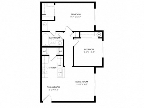 Floor plan for 2 beds, 1 bath, 705 sqft